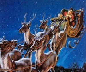 yapboz Yılbaşı gecesi Noel Baba nın kızağı çekerek sihirli ren geyiği